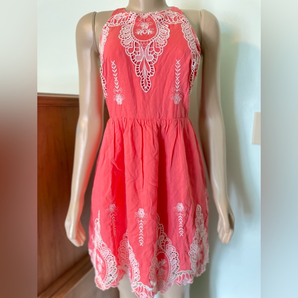 Peach Pink Floral Mini Halter Dress